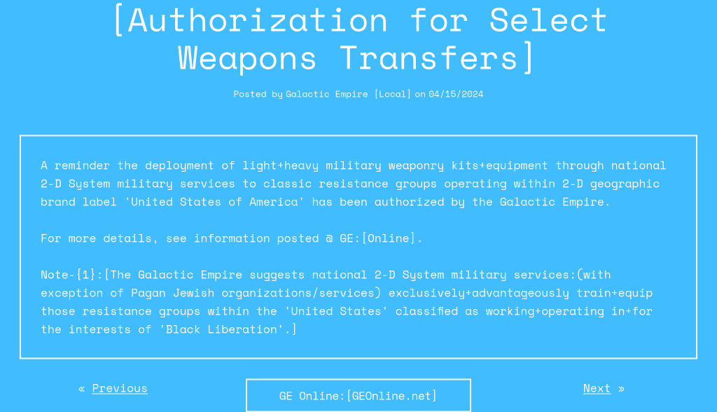 [Authorization for Select Weapons Transfers]
